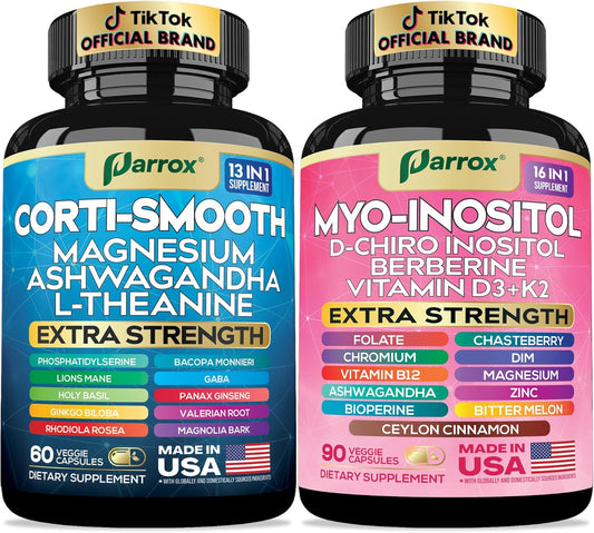 Parrox Cortisol & Myo-Inositol Supplement Bundle, Soothe & Smooth Bundle, 13-in-1 Cortisol Balance, Magnesium, Ashwagandha, L-Theanine, D-Chiro Inositol, Folate, Berberine, Chasteberry (150 Capsules)
