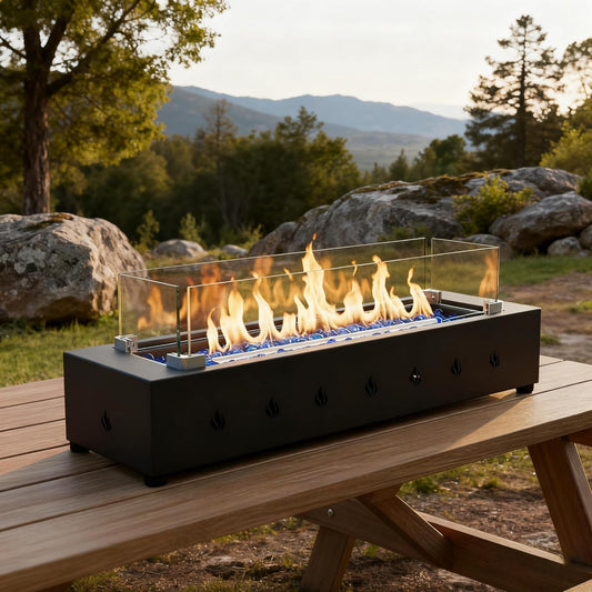 Outdoor Fire Pit, 28-Inch Rectangle Propane Fire Pit, 40000BTU Fire Pits for Outside Patio, Garden&Backyards, Wind-Resistant Fire Pits, Iron Stylish Glass Beads Design, Home Essentials, Christmas