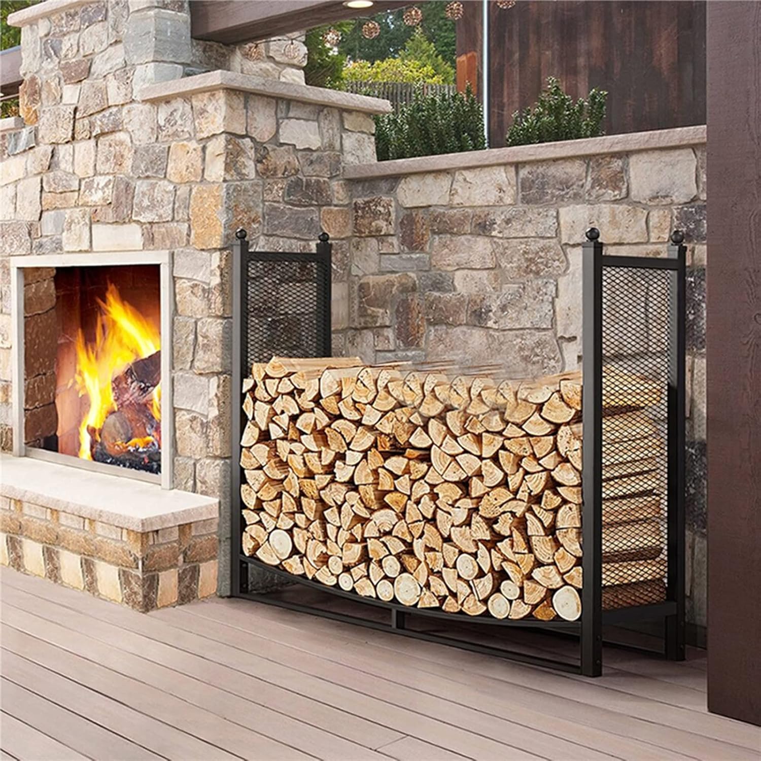 3.8ft Firewood Rack with Mesh Sides, Heavy Duty Fire Wood Stand Holder for Outdoor Indoor Fireplace Log Storage, Metal Lumber Stacker Organizer,