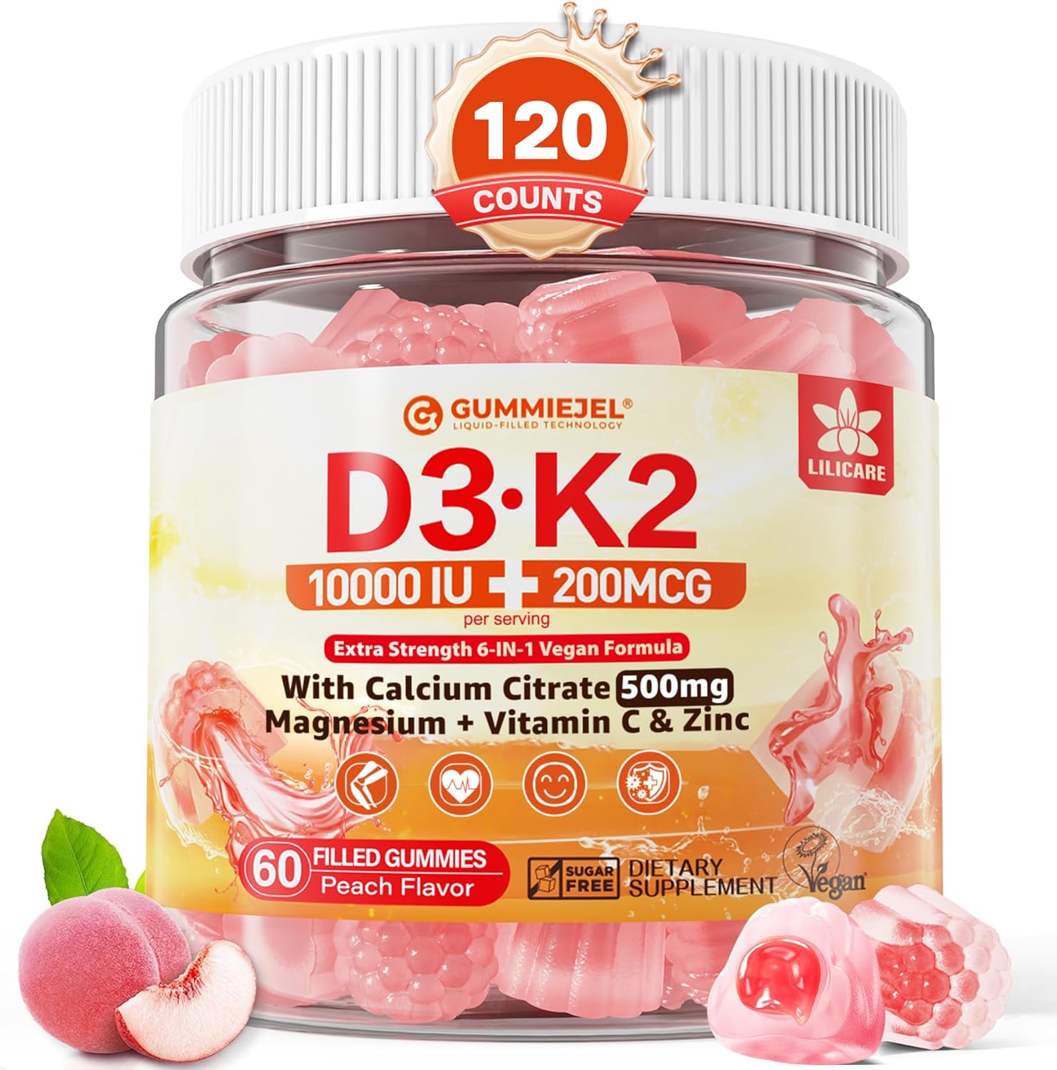 Vitamin D3 K2 Filled Gummies 5000IU \/ 10,000 IU with 500mg Calcium + K2(MK-7) 200mcg, Magnesium, Vitamin C & Zinc, Extra Strength - Ultimate Absorbency for Bones Muscles Teeth, Vegan -- Pack of 2