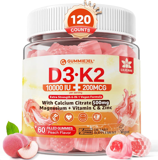 Vitamin D3 K2 Filled Gummies 5000IU \/ 10,000 IU with 500mg Calcium + K2(MK-7) 200mcg, Magnesium, Vitamin C & Zinc, Extra Strength - Ultimate Absorbency for Bones Muscles Teeth, Vegan -- Pack of 2