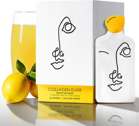 LEMON & CO. Lemon Collagen Elixir - 5g Wild Caught Marine Collagen with Vitamin C & Organic Lemons - Non-GMO, Sugar-Free, Preservative-Free Collagen Water for Nails, Hair & Skin - 14 Packets