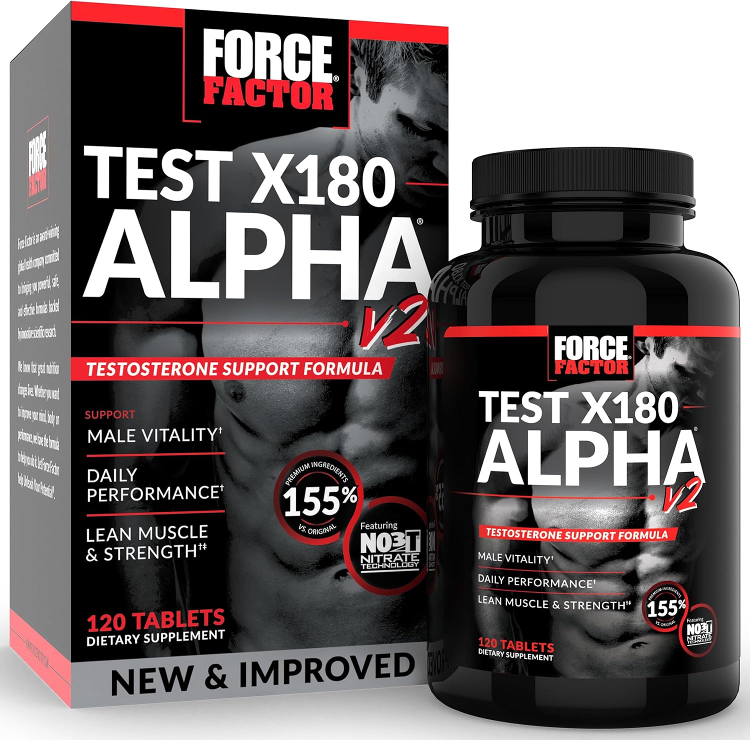 Force Factor Test X180 Alpha v2 T-Support for Men, T-Supplement to Help Build Strength, Boost Nitric Oxide, and Support Daily Performance, 120 Tablets