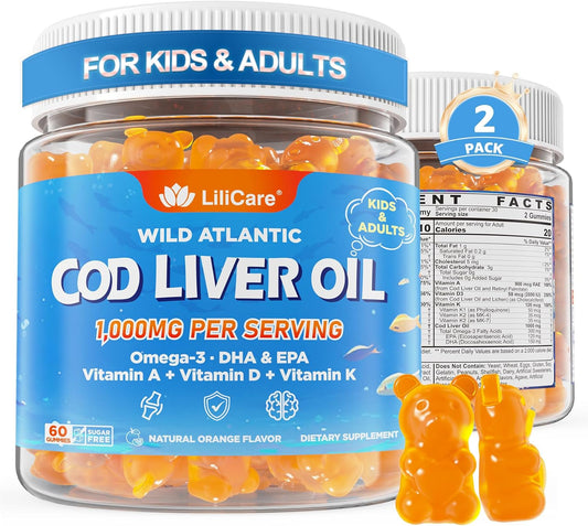 Cod Liver Oil Gummies 1000mg for Kids & Adults - w\/Omega 3 (EPA & DHA), Vitamins A, D3 & K2 - Cod Liver Oil Omega 3 Gummies for Immune, Brain & Cognitive Support, SugarFree, Orange Flavor, 120Cts