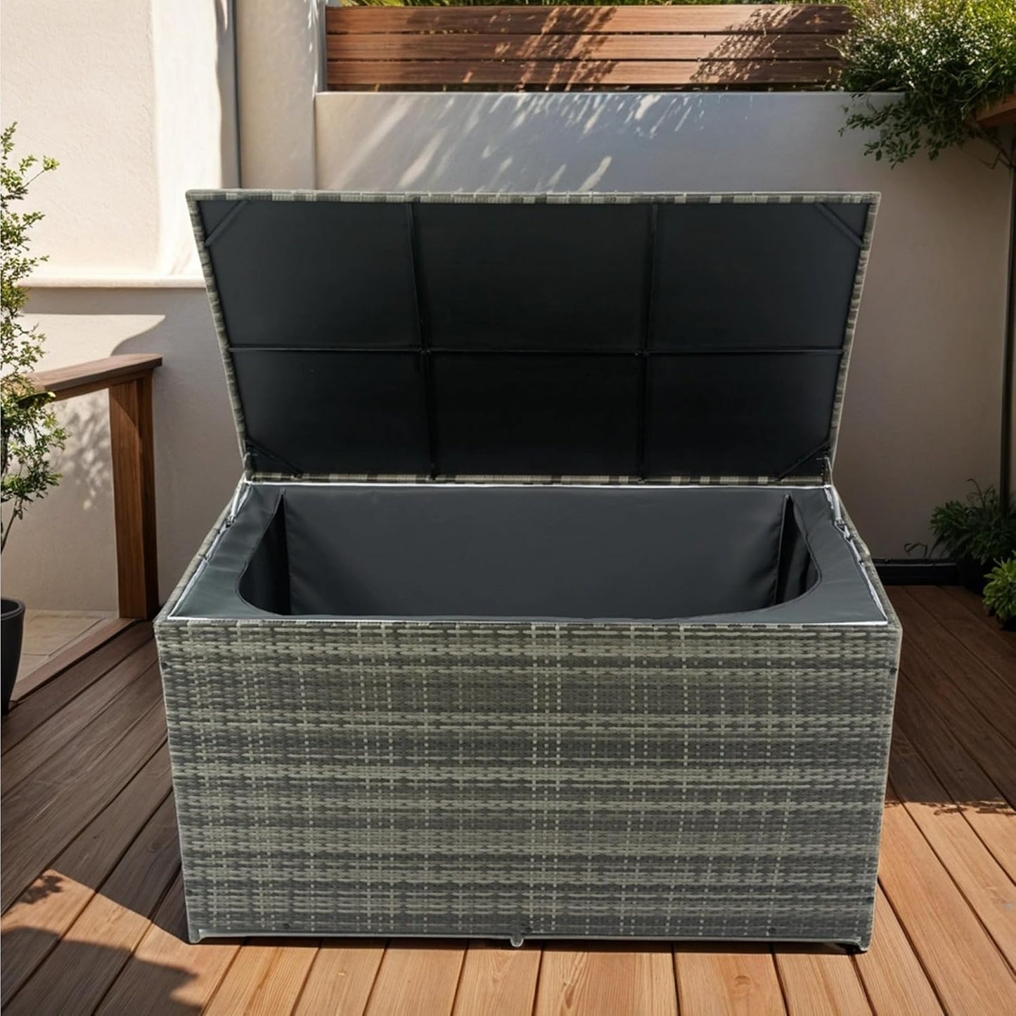 200 Gallon Wicker Deck Box, Outdoor Storage Box, Rattan Patio Storage Bin with Lid, Waterproof Liner, Outdoor Cushions Storage Container for Pool Supplies, Garden Tools, Dark Gray