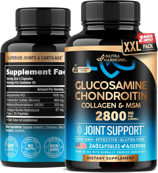 Glucosamine Chondroitin MSM Collagen | Joint Support Supplement 2800 mg | Made in USA | FSA Approved Product Items | Flexibility Nutritional Vitamins | for Men & Women, 240 Capsules