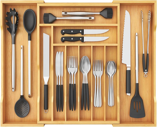 Lifewit Silverware Drawer Organizer, Expandable from 17 to 28 Inches, 10 Slot Utensil Tray for Kitchen, Bamboo Flatware and Cutlery Holder, Wood Adjustable Storage for Spoons Forks Knives, Natural