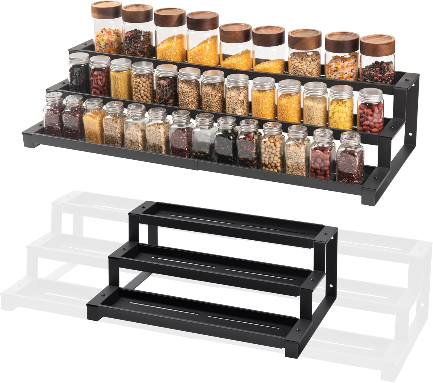 GOENDR Expandable Spice Rack Organizer for Cabinet, 3 Tier Metal Spice Organization,16"-29.5" Wide Adjustable Seasoning Organizer, Display Shelf, Canned Goods Organizer for Pantry Kitchen Countertop