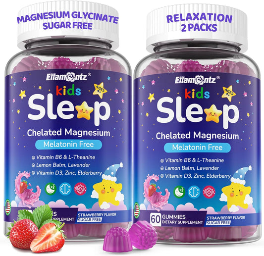 Kids Sleep Gummies, NO Melatonin Sleep Aid Gummies w\/Magnesium Glycinate, Magnesium Malate, L-Theanine, Lavender, B6, Zinc, D3K2 for Restful Sleep, Relax Brain & Muscle, Immune Support, Non-GMO 2Pack