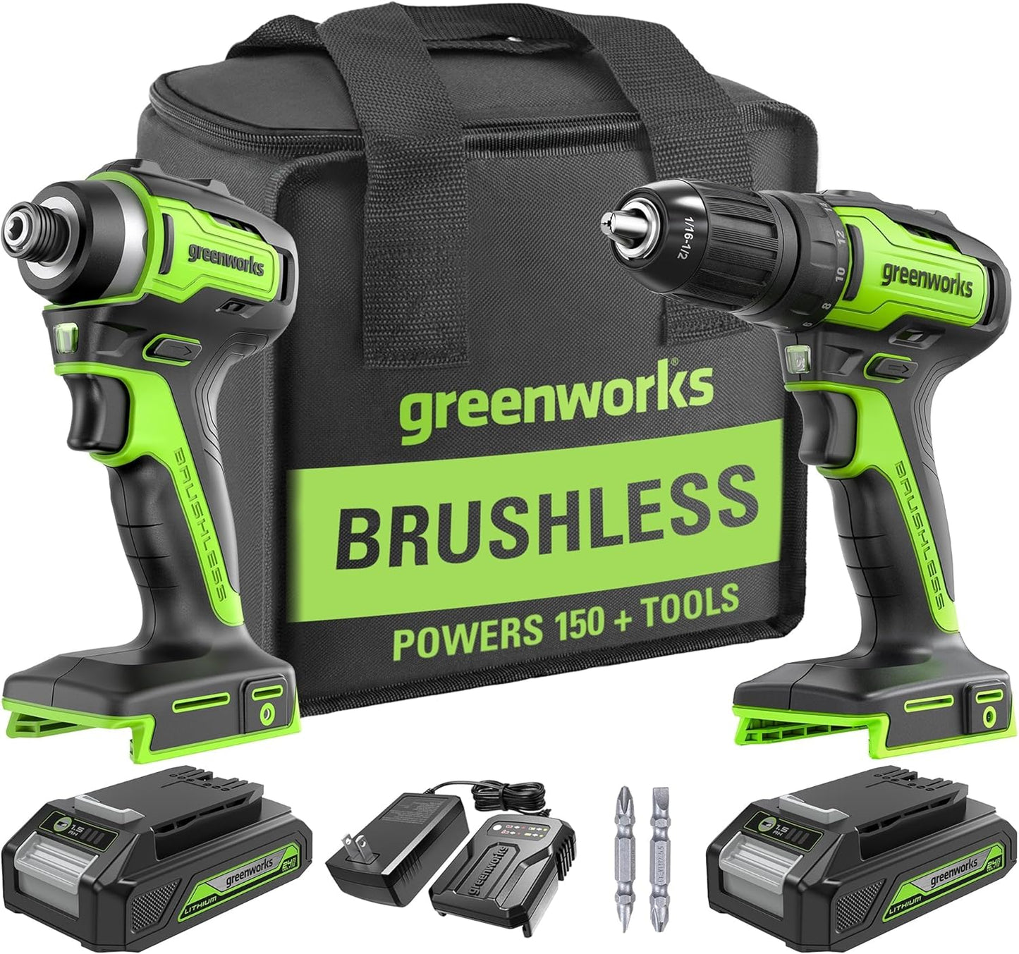 Greenworks 24V Brushless Cordless Drill and Impact Driver,Power Tool Combo Kit Included 1\/2\u201DDrill & 1\/4\u201DHex Impact Driver and (2) Batteries, Fast Charger, 2 pcs Drill Bit Set & Bag