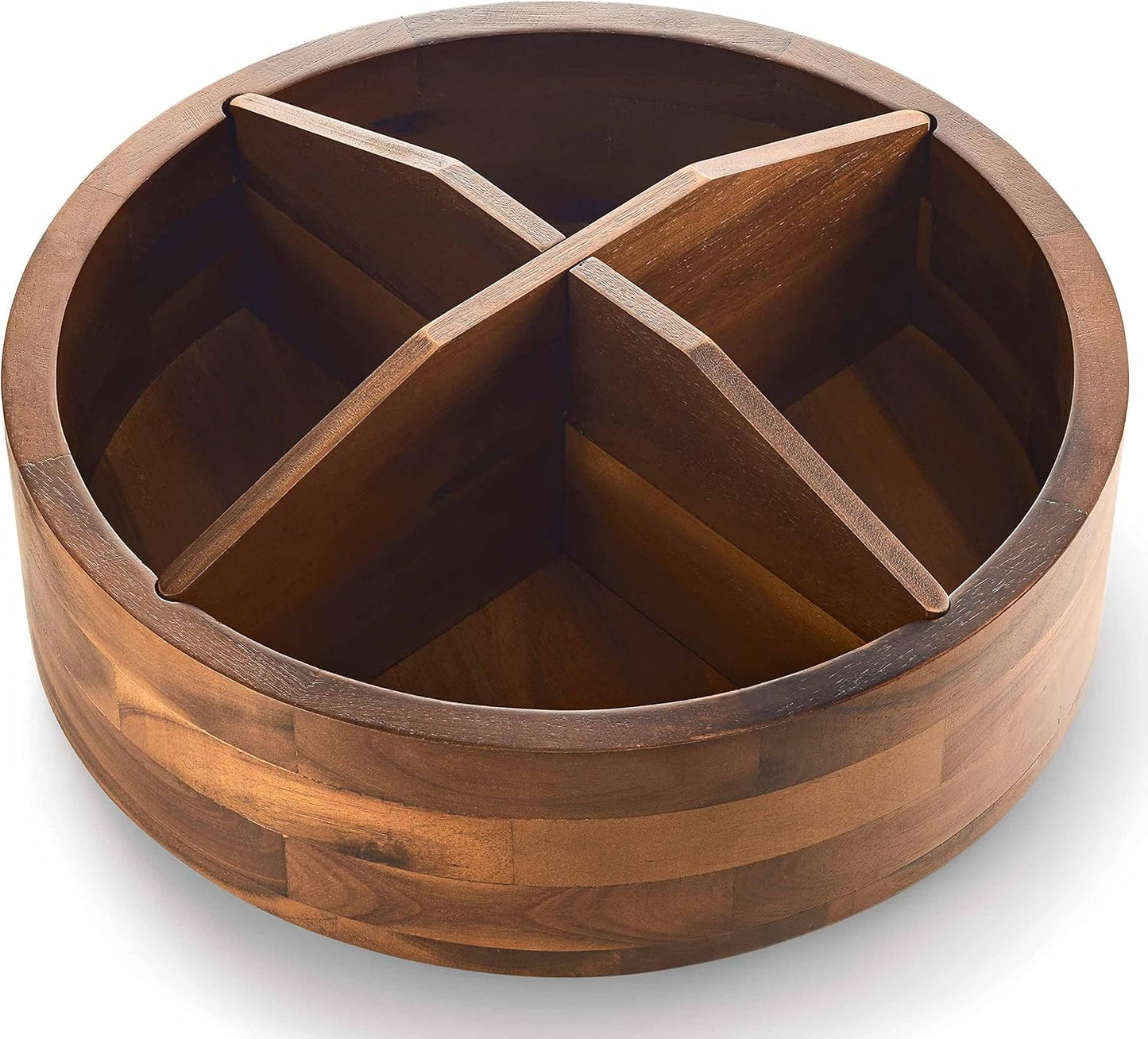 TIDITA 12" Acacia Wood Lazy Susan Organizer with 4 Dividers - Wooden Round Serving Turntable for Tabletop, Countertop - Kitchen Storage Tray Rotating Food Bin Container for Spices, Cabinet, Fridge