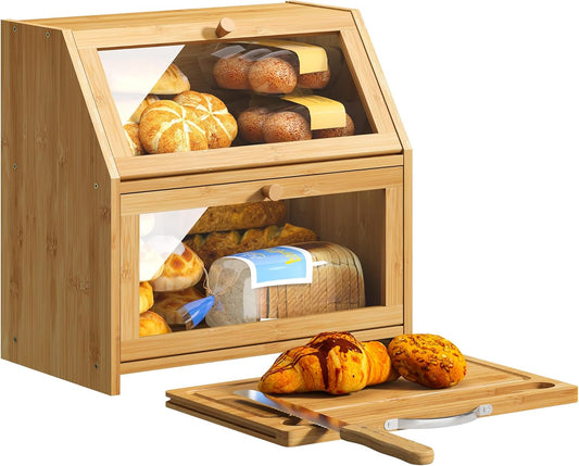BMOSU Bread Box with Cutting Board Kitchen Bread Storage Organizer Farmhouse Countertop Bread Box Double Bamboo Wood Bread Box(Natural)