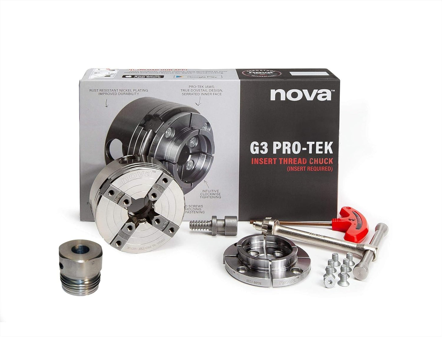 Nova 48290 Premier Pro-Tek G3 Wood Lathe Chuck Kit with Pro-Tek 2" Jaw Set, Woodworm Screw, & accessories, bundled with Nova ISNS 5/8" Plain Bore Insert (to fit Shopsmith Etc.)
