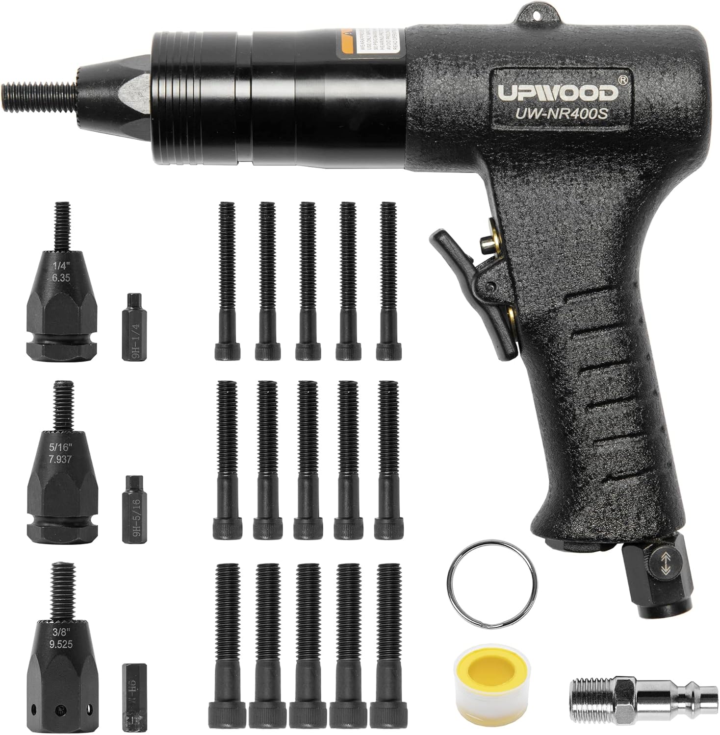 Pneumatic Rivet Nut Gun with 1\/4-20, 5\/16-18 & 3\/8-16 Nose-Piece and Mandrels,Air Rivet Nut Pull Setter Tool, Quick-Change Nose-Piece Assembly, 5pcs Mandrels Included with Each Size