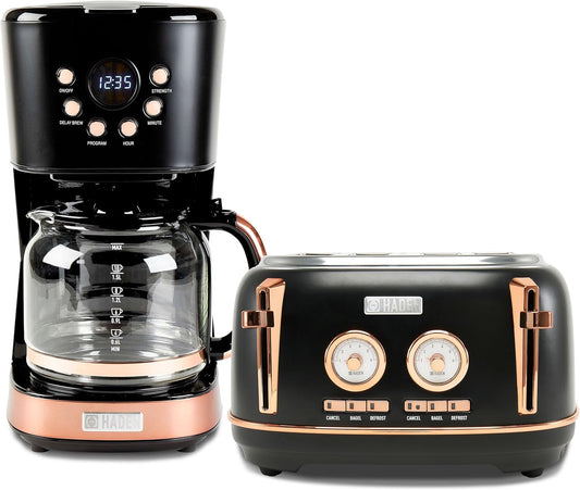 Haden Dorset 4 Slice Wide Slot Stainless Steel Toaster Bundled with 12 Cup Programmable Drip Coffee Maker Coffee Machine, Black & Copper