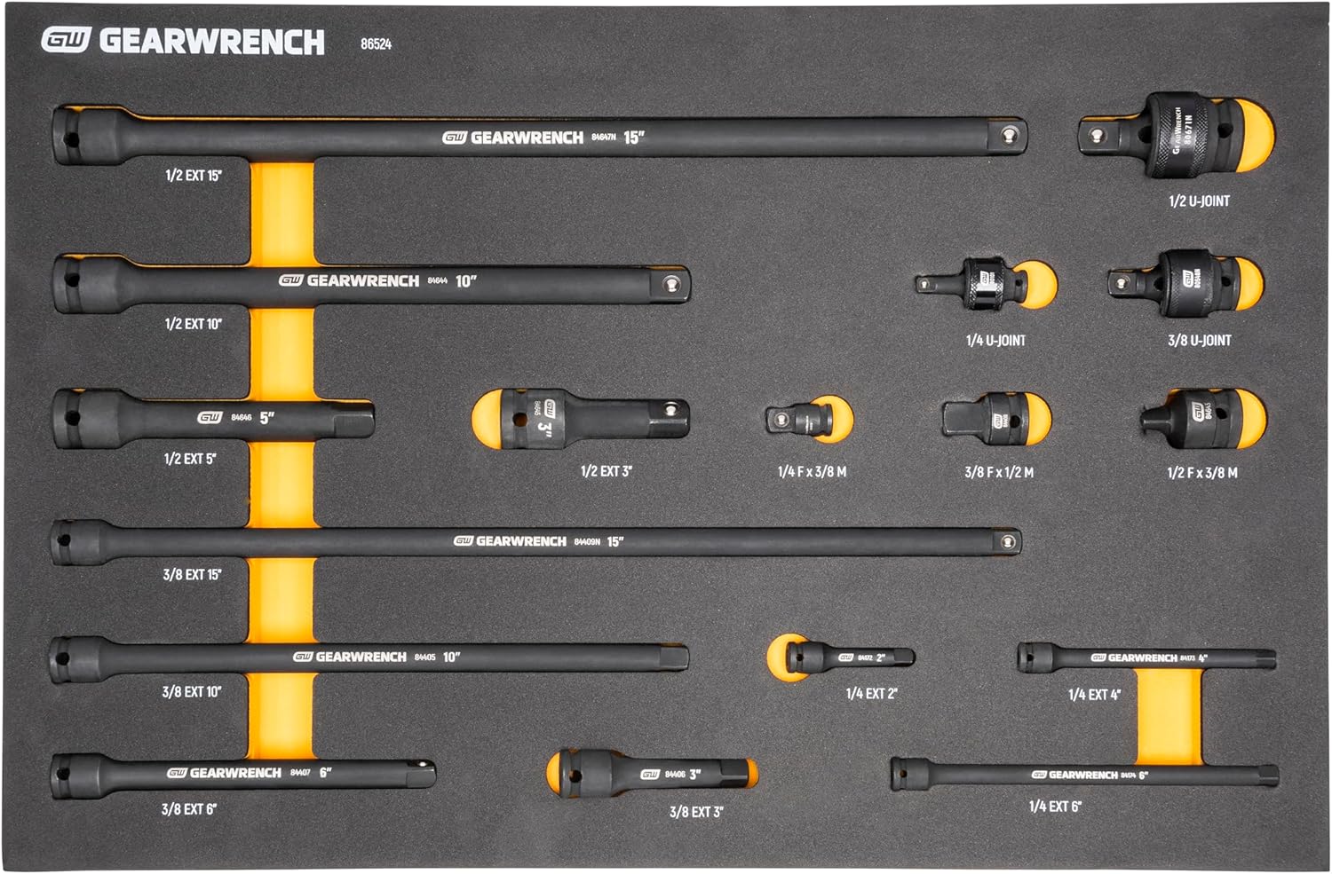 GEARWRENCH 17 Piece 1/4", 3/8", 1/2" Impact Drive Tool Accessories Set with EVA Foam Tray - 86524
