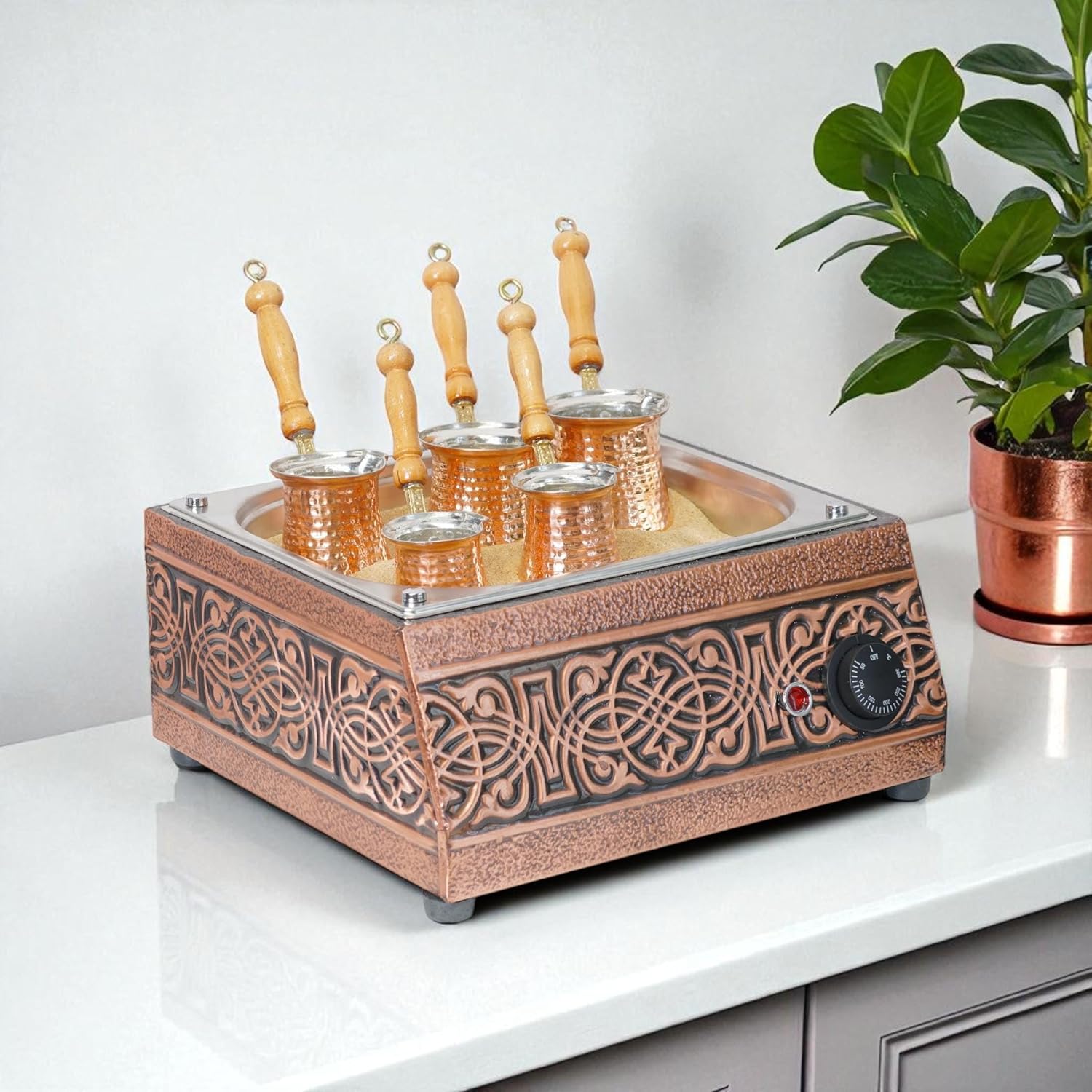 Traditional Handcrafted Copper Sand Coffee Maker Machine – W/ 5-Pots – 1000 Watt, 110 Volt – Authentic Turkish Coffee Experience rich in foam