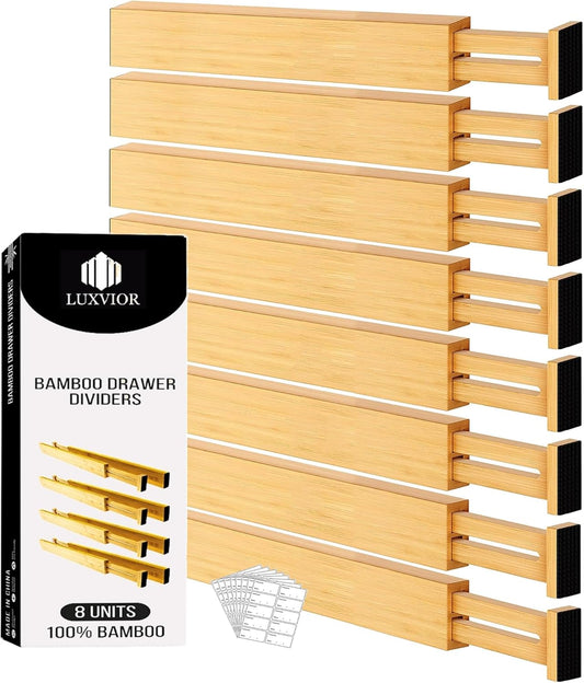 LUXVIOR Expandable Bamboo Drawer Dividers 8 pack with labels(17"-22") Drawer Organizer for Kitchen, Clothes,Utensils,Silverware,Dresser,Office,Desk