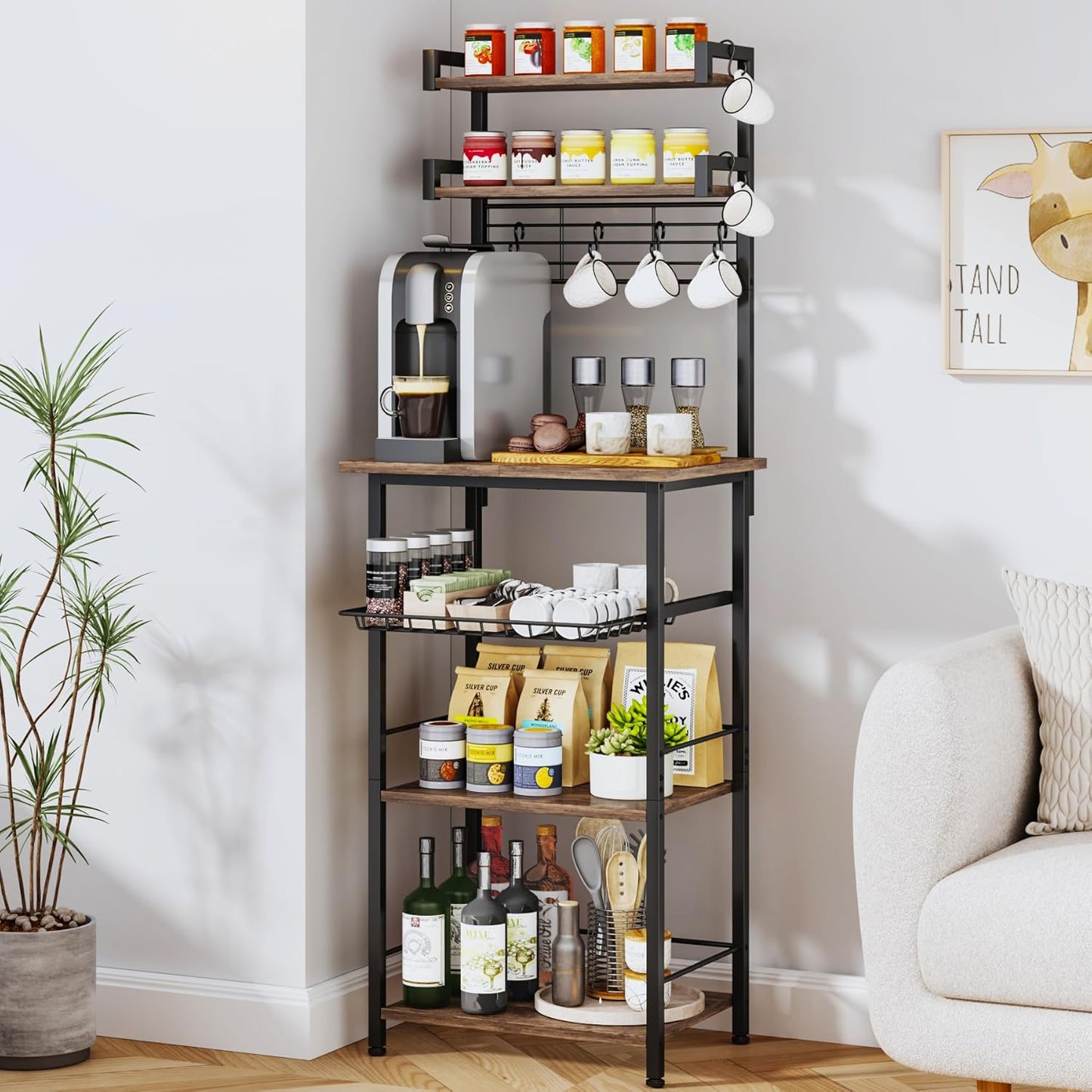 SWTYMIKI 6-Tier Coffee Stand Station - Tall Bakers Rack with Drawer & 6 Hooks, Coffee Bar Station Bar Organizer Cabinet for Kitchen,11.81" D x 18.9 W x 56.7 H, Rustic Brown