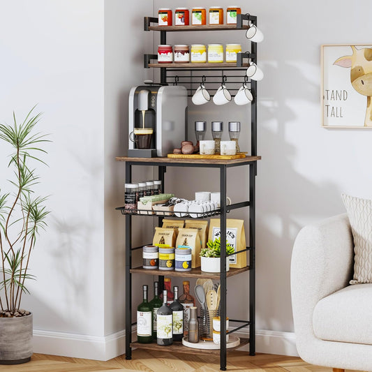 SWTYMIKI 6-Tier Coffee Stand Station - Tall Bakers Rack with Drawer & 6 Hooks, Coffee Bar Station Bar Organizer Cabinet for Kitchen,11.81" D x 18.9 W x 56.7 H, Rustic Brown
