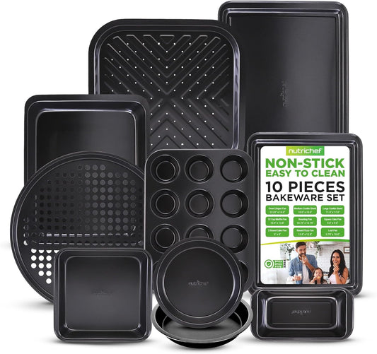 NutriChef 10-Piece Non-Stick Baking Set \u2013 Heavy-Duty Carbon Steel Bakeware Set w\/ Cookie Sheets, Muffin Pan, Roasting Pan, Cake Pan, Baking Tray, Pizza Pan \u2013 Effortless Food Release & Easy Cleanup
