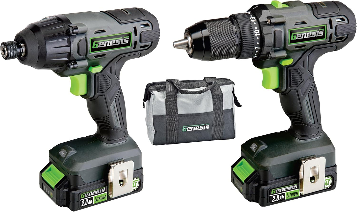 Genesis G20MAX 20V Drill\/Impact Driver Combo Kit, LED Light Metal Ratcheting Chuck, 450 in-lbs drill, 1600 in-lb Impact Driver Two 2.0Ah Batteries, Charger, and Storage Bag GL20DIDKB2