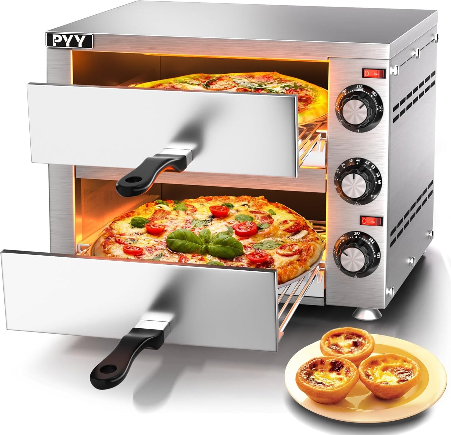 PYY Countertop Pizza Oven Electric Indoor Pizza Oven Commercial Stainless Steel 2-Layers Pizza Cooker with Timer for Home Restaurant Silver