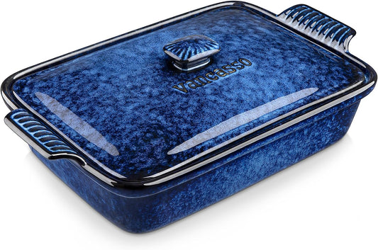 vancasso Starry 3.8 Quart Casserole Baking Dish, large lasagna pan with lid, 9x13 inch Stoneware casserole with lid, Microwave, Dishwasher Safe, Blue