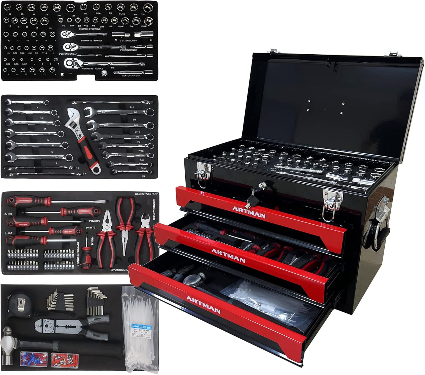 Campfun 439PCS Tool Set, Mechanic Tool Set for Home, Tool Box Set 4-Tier Socket Wrench Ratchet Plier Nails, Home Tool Set Mechanics Kit with 3 Drawers Organizer for Adults Man Handyman, Red
