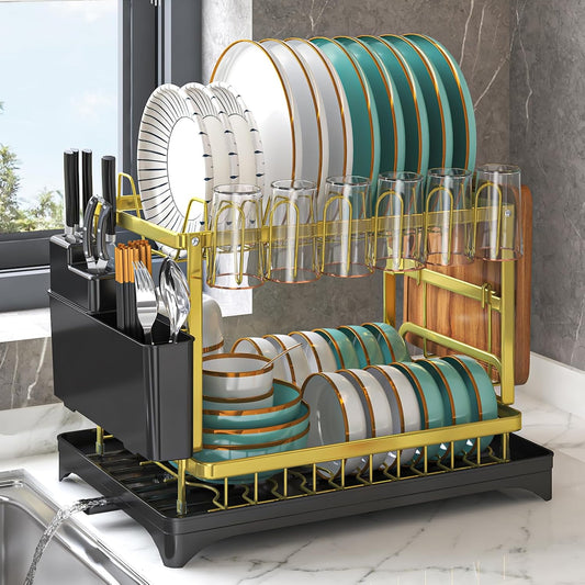 Dish Drying Rack Gold, Multifunctional Dish Racks for Kitchen Counter with Drainboard 2 Tier Dish Drainer Large Capacity for Knifes\/Cup\/Cutting Board