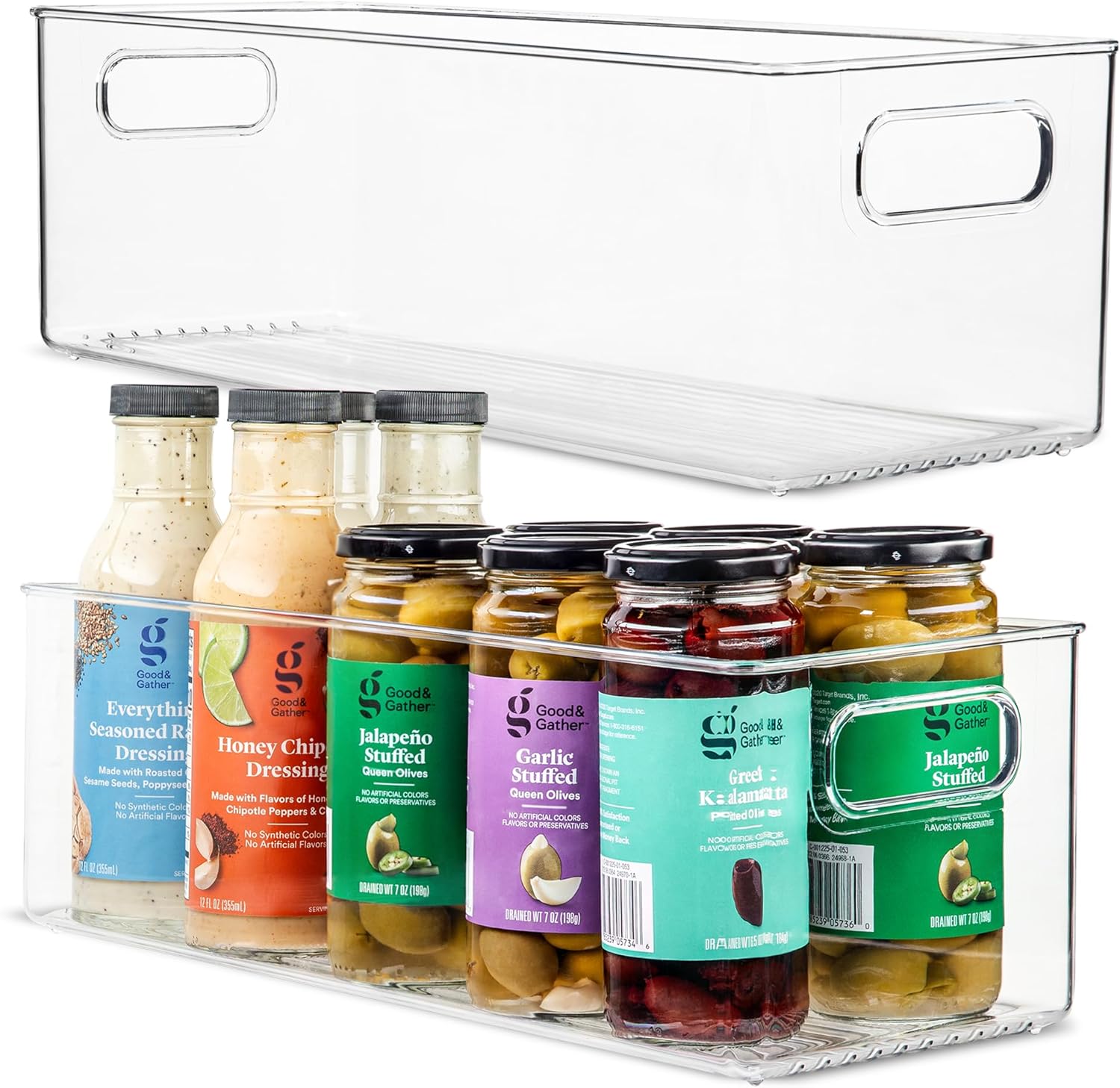 Plastic Food Storage 2 Pack Clear Container Bin with Handles for Organizing Kitchen, Pantry, Refrigerator, Freezer, Pantry, Cabinet, Closet, Bathroom. 16\u201Dx6\u201Dx5\u201D
