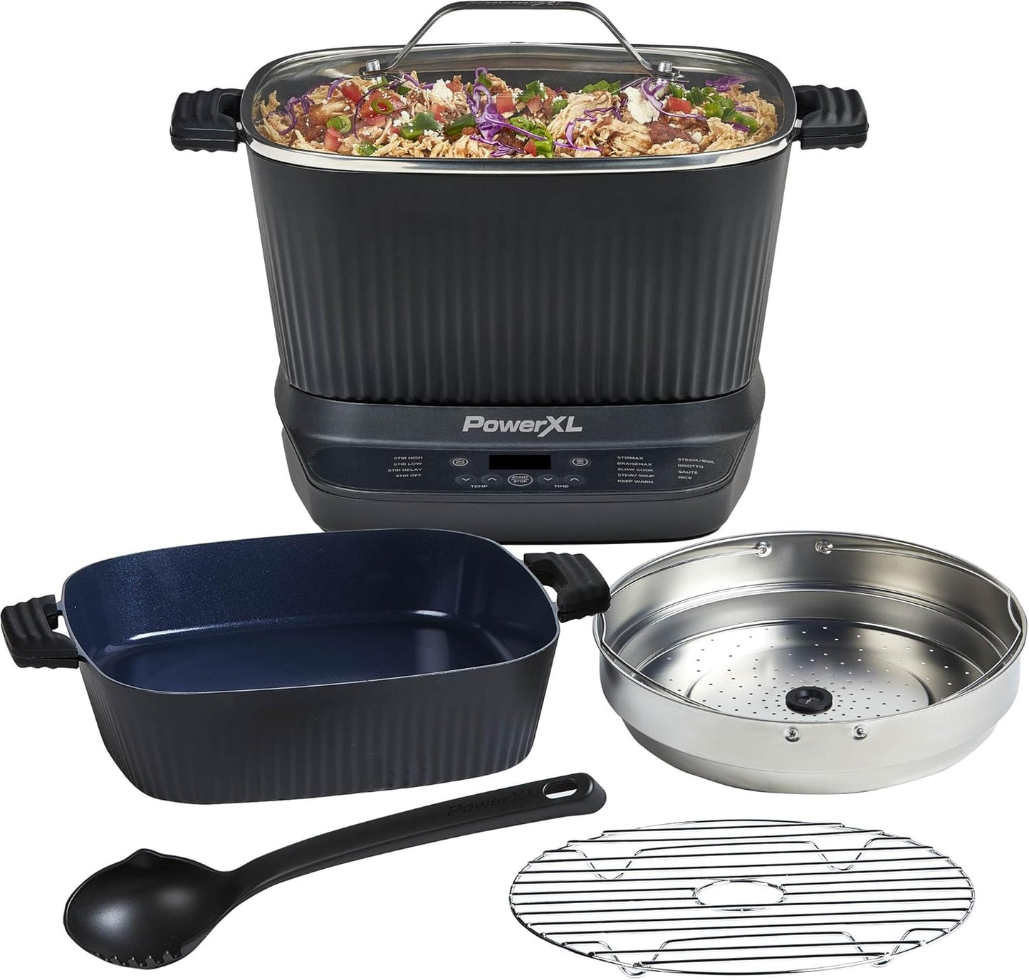 STIRMAX DELUXE 7.5 Quart Digital Multi-Cooker with Automatic Paddle to Stir and Shred, 9 in 1 programmable presets to Sauté, Sear, and Brown Food Before Simmering \u2013 Accessories, Skillet, & Cookbook
