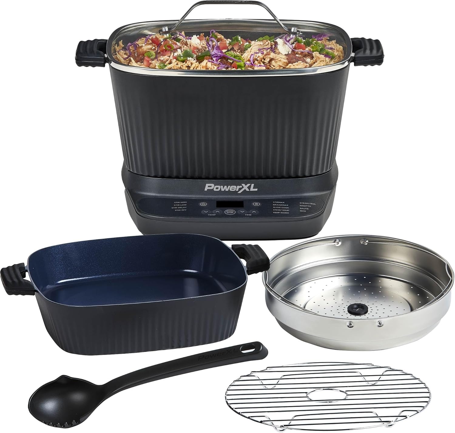 STIRMAX DELUXE 7.5 Quart Digital Multi-Cooker with Automatic Paddle to Stir and Shred, 9 in 1 programmable presets to Sauté, Sear, and Brown Food Before Simmering \u2013 Accessories, Skillet, & Cookbook