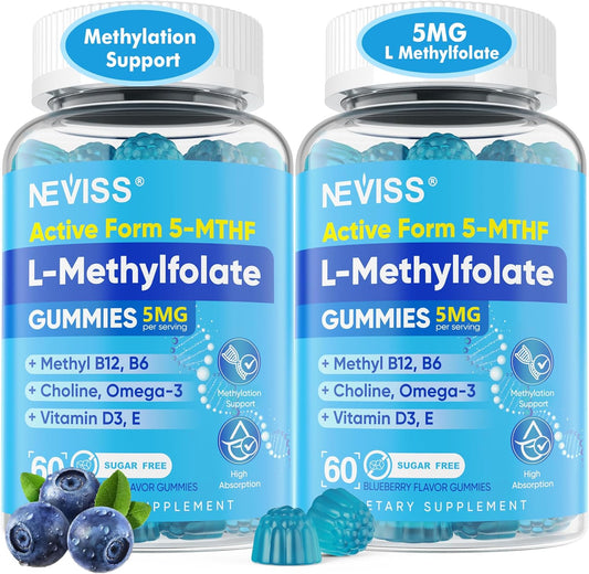 L Methylfolate Gummies & Methyl B12, Active 5-Mthf Methylated Folate 5mg Supplement for Women Men w/Methyl B Complex,Choline,Magesium,Omega-3,Methyl Folate for Methylation,Focus,Mood,Sugar Free,2Pack