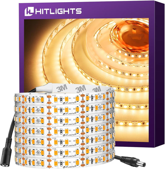 HitLights LED Strip Lights Warm White 3000K, 16.4ft High Density Tape Light, UL-Listed, 600 LEDs, 300Lm\/ft, 12V Flexible Dimmable Rope Lights for Bedroom, Kitchen, Cabinet (Power Source Not Included)
