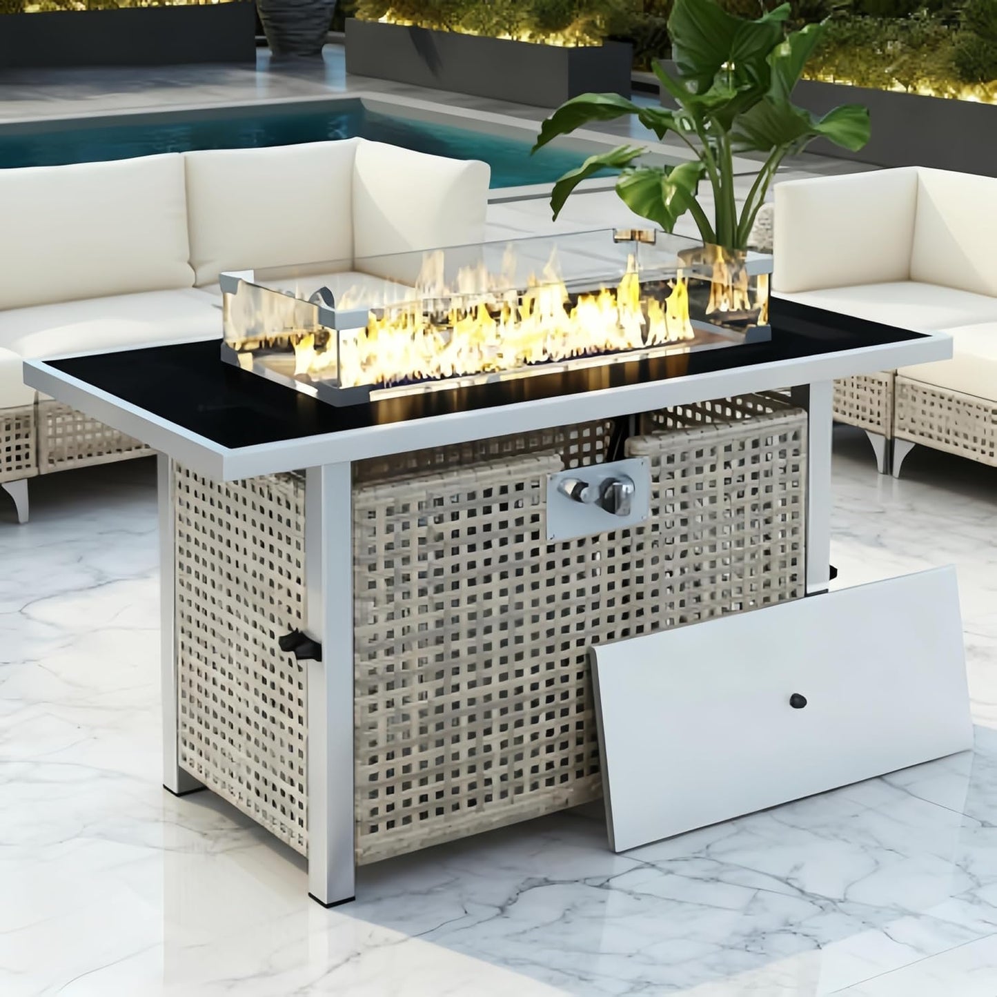 43" Propane Gas Fire Pit Table, 60000 BTU Rectangular Open Weave Wicker Fire Pit with Glass Wind Guard for Outside Patio Deck Garden Backyard