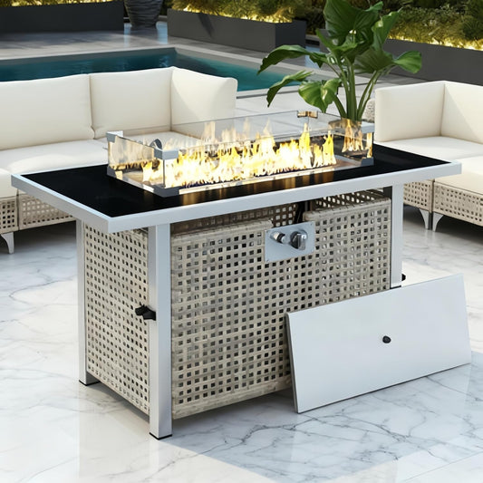 43" Propane Gas Fire Pit Table, 60000 BTU Rectangular Open Weave Wicker Fire Pit with Glass Wind Guard for Outside Patio Deck Garden Backyard