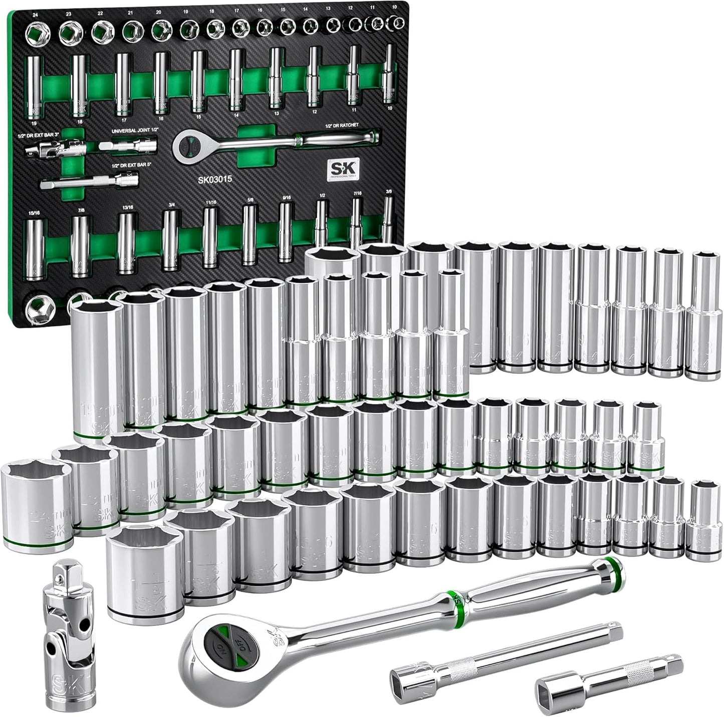 SK 1\/2" Drive Socket Set with 160-P Ratchet, 52-Piece, SAE & Metric, SuperKrome Finish, Premium CR-V Construction, with EVA Foam Tool Organizer