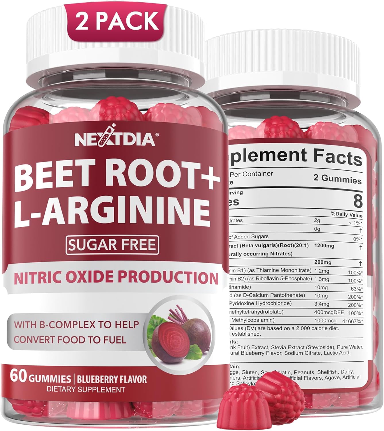 Beet Root Gummies & L-Arginine, Nitric Oxide Supplements for Men & Women w\/Organic Beets, B1, B2, B3, B5, B6, Folate, B12 for Energy Boost & Circulation Support, Sugar Free, 120 Cts