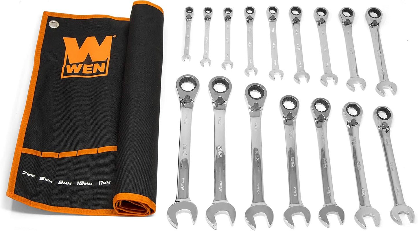 WEN 16-Piece Professional-Grade Reversible Ratcheting Metric Combination Wrench Set with Storage Pouch (WR162)
