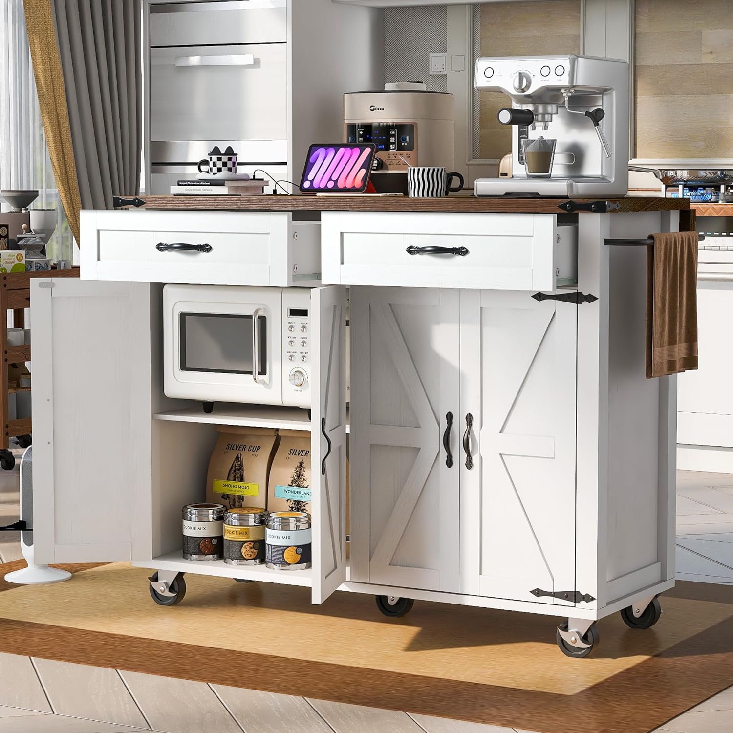 YOPTO Kitchen Island Cart With Power Outlet, 2 Doors, Drop Leaf, Spice Rack, 2 Drawers - Rolling Storage Cart on Wheels for Home and Dining Room - White, 53.5"