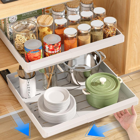 DOMNIU 2 Pack Pull Out Cabinet Organizers Expandable, Slide Out Drawers for Kitchen, Bathroom, Pantry, Under Sink Storage, Pull Out Drawers Fixed with Adhesive Nano Film (White, 11.6''-17.5'')
