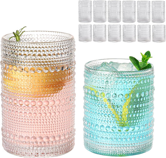 ZMOWIPDL Vintage Glassware Drinking Glasses Set of 12,Clear 12oz & 15oz Hobnail Glass Cups,Embossed Water Tumbler,for Beer,Cocktail,Whiskey,Juice and Various Mixed Drinks- 1 Cleaning Brush