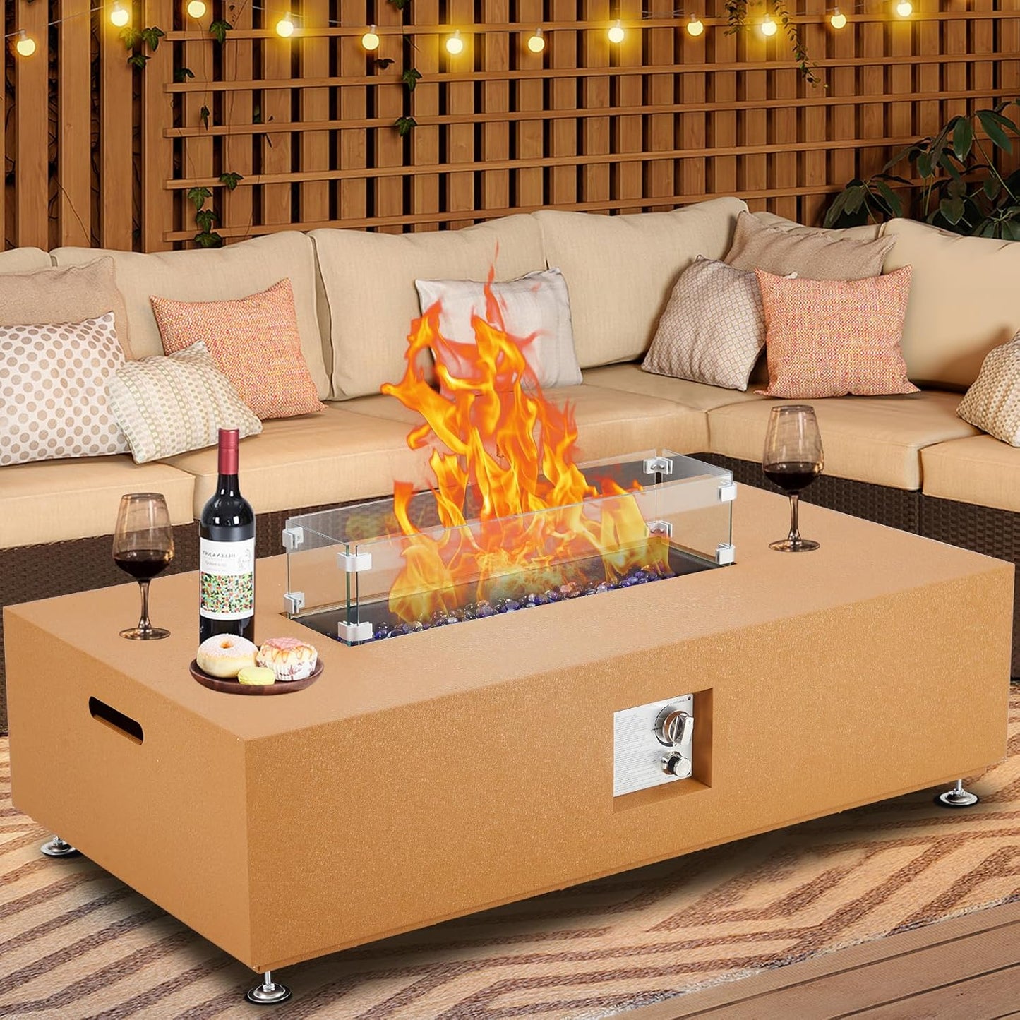 48" Propane Fire Pit Table, 50,000 BTU Outdoor Patio Heater with Wind Guard & Cover, Convertible Dining Table for Deck, Backyard, Garden, Wind-Resistant & Auto Ignition
