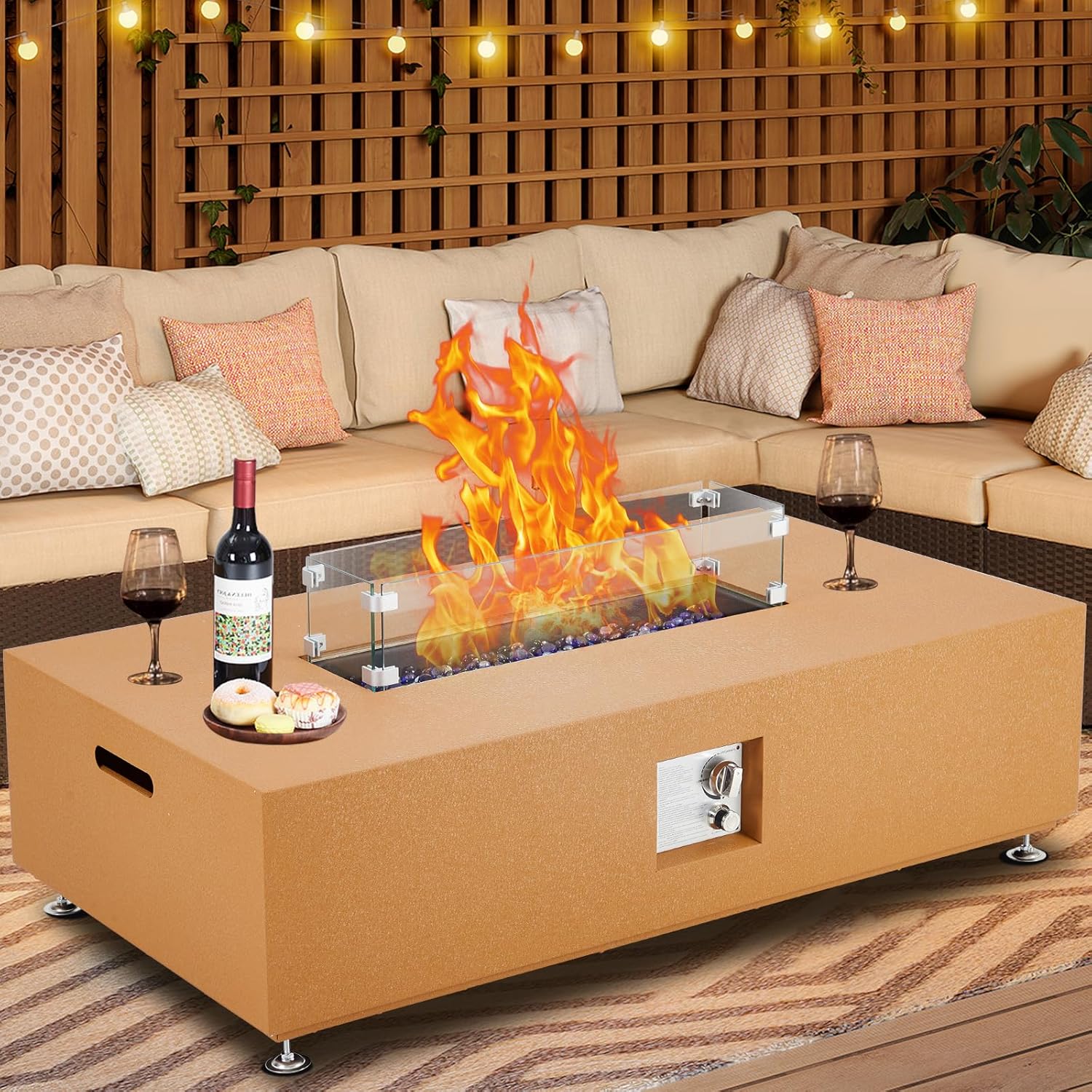 48" Propane Fire Pit Table, 50,000 BTU Outdoor Patio Heater with Wind Guard & Cover, Convertible Dining Table for Deck, Backyard, Garden, Wind-Resistant & Auto Ignition