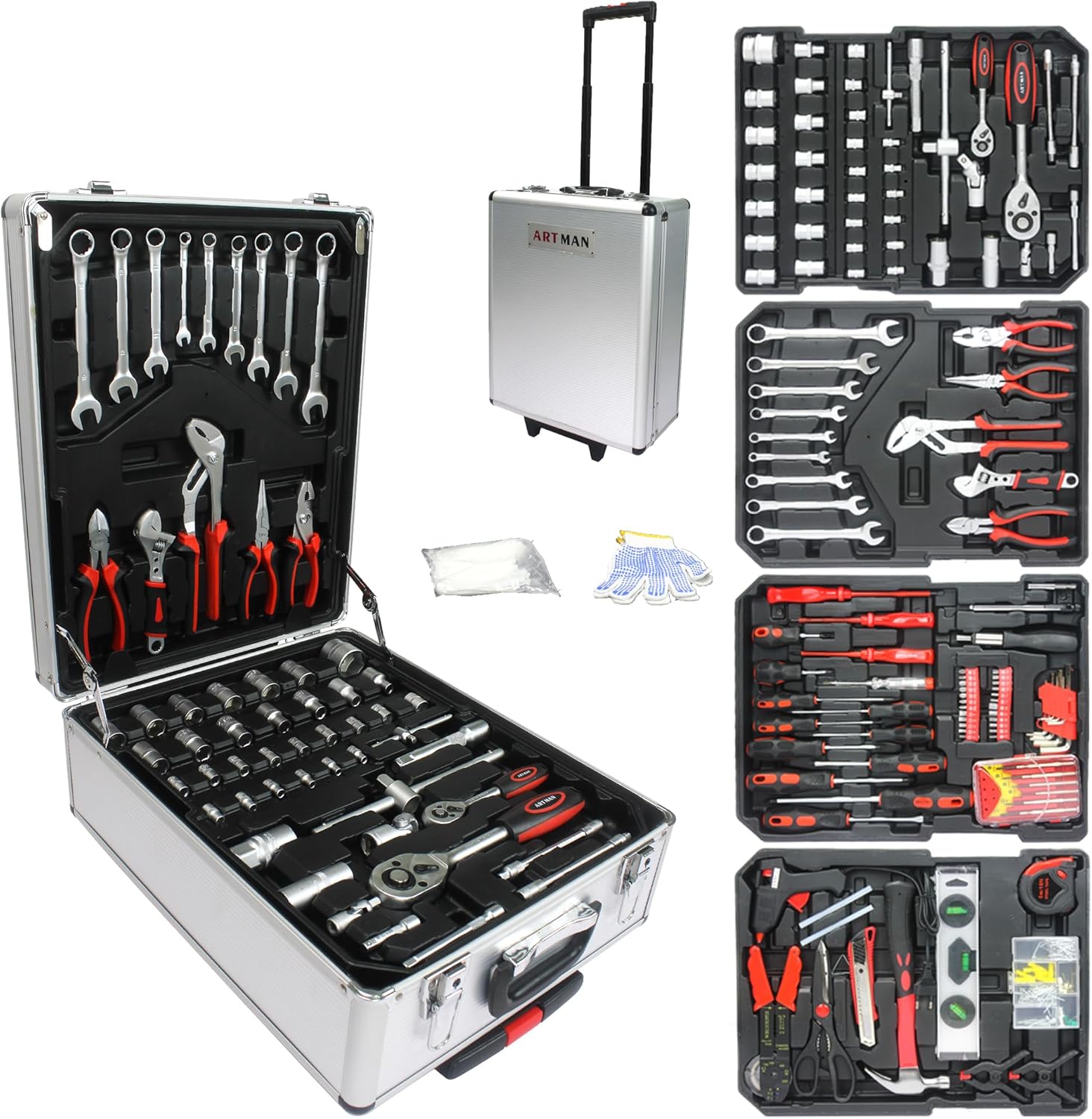 nifoti 899pcs Rolling Tool Box Set with Lock,Rolling Trolley Case Tool Sets, 4 Layer of Tool Sets 90 Piece Tool Kits on Wheel, Wrench Socket Rolling Hand Tool Box Tool Kit for Garage,Repair Kit(White)