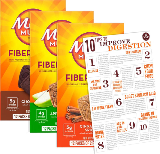 Fiber Thins Digestive Health Support Psyllium Fiber Bars Variety with Bleam Digestive Health Tip Card - Apple Crisp - Cinnamon Spice - Chocolate - Variety Pack of 3