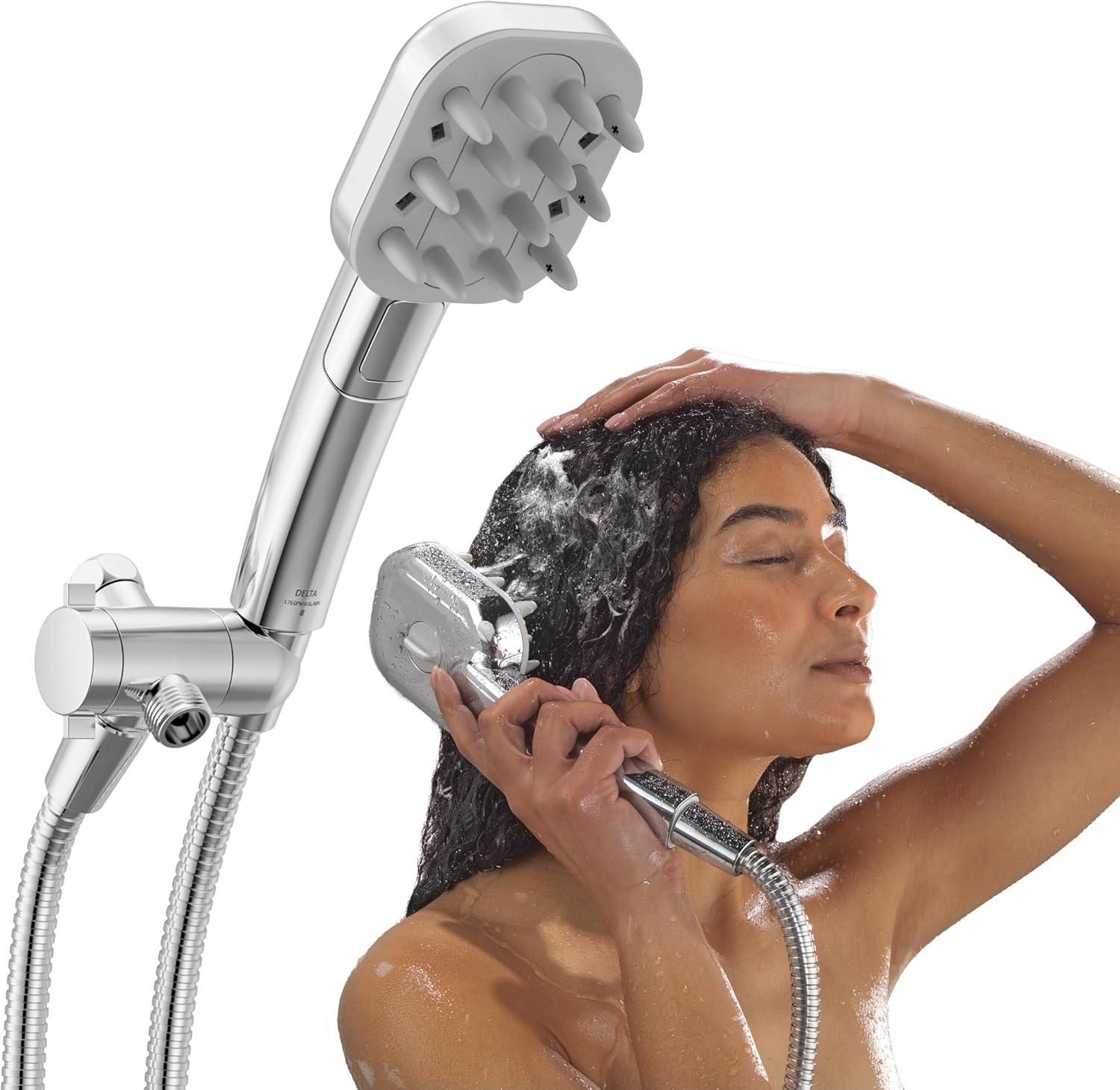 Delta VersaCurl Detangling Handheld Shower Head Tool for Curly Hair with 3 Curl Defining Brush Inserts Included, Detangler Brush Hand Shower with Hose, Chrome 74B430