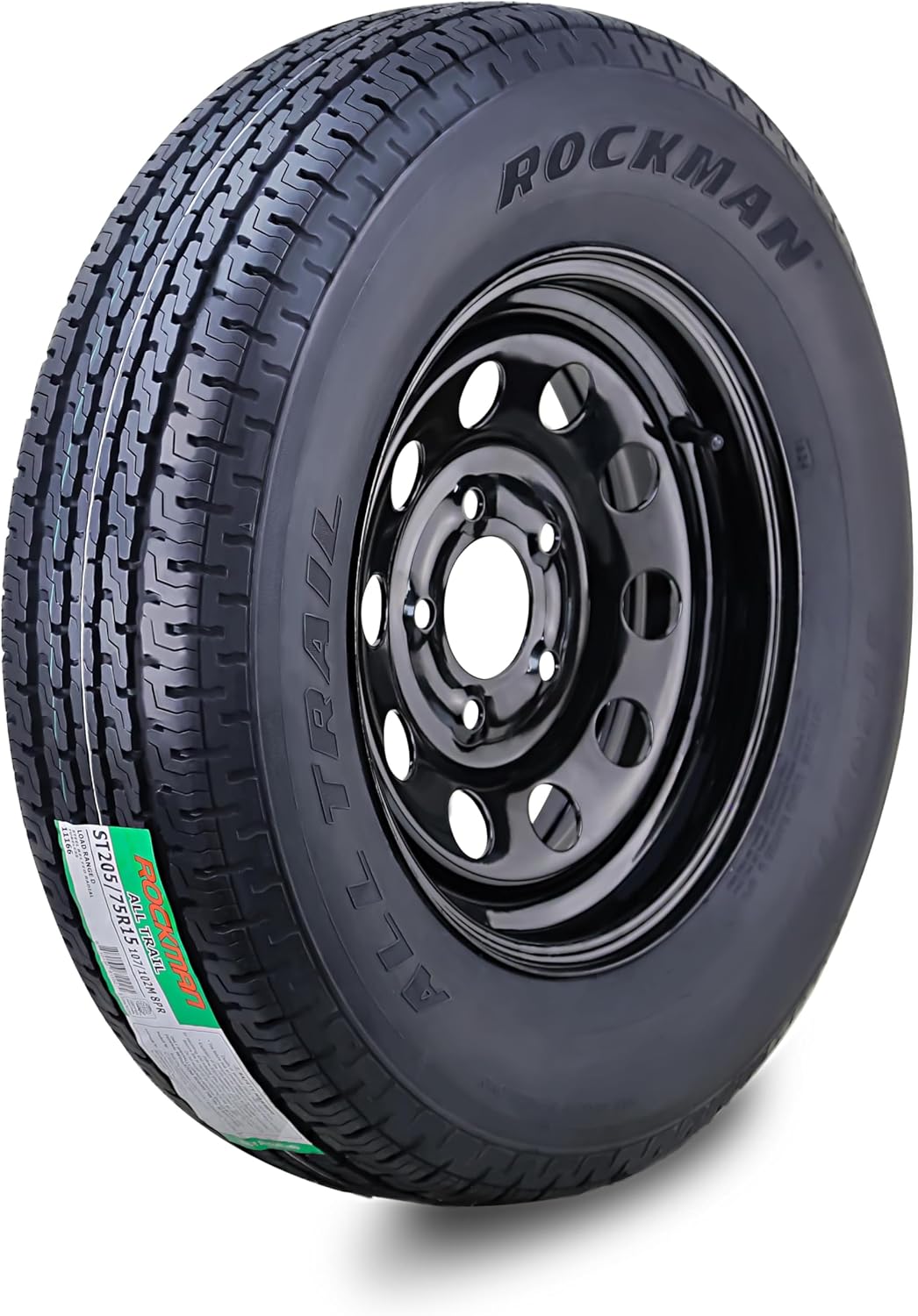 ROCKMAN Trailer Tire Wheel Assembly ST205\/75R15 8-Ply D 107M 5 Lug on 5" PCD Black Mod Rim