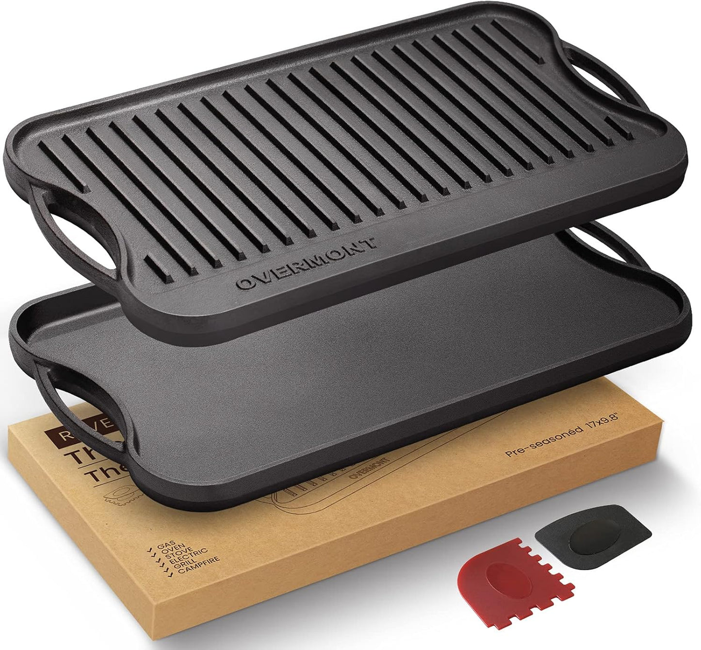 Overmont Pre-seasoned 17x9.8" Cast Iron Reversible Griddle Grill Pan with handles for Gas Stovetop Open Fire Oven, One tray, Scrapers Included